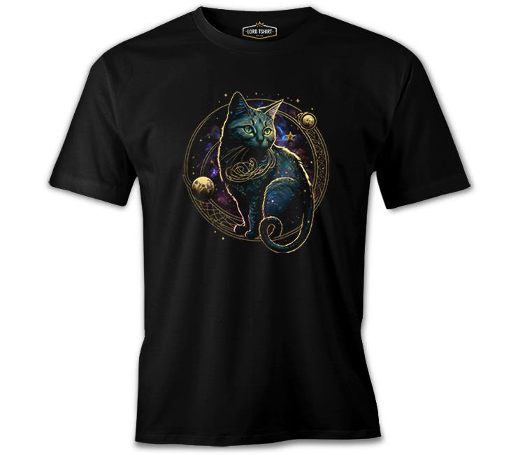 Magical Cat in Space with the Moon and Planets Black Men's Tshirt