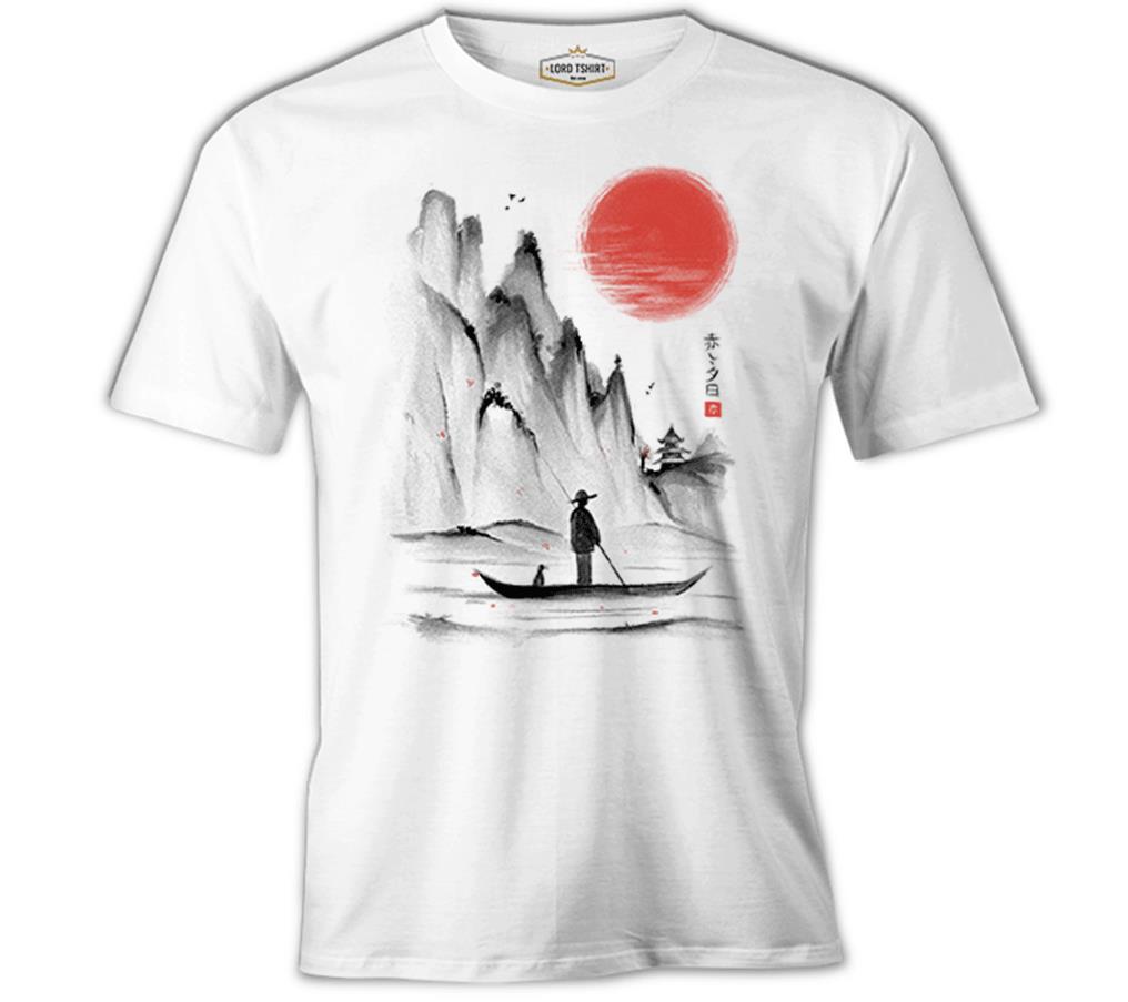 Man on the Boat in Japanese Landscape White Men's T-Shirt 