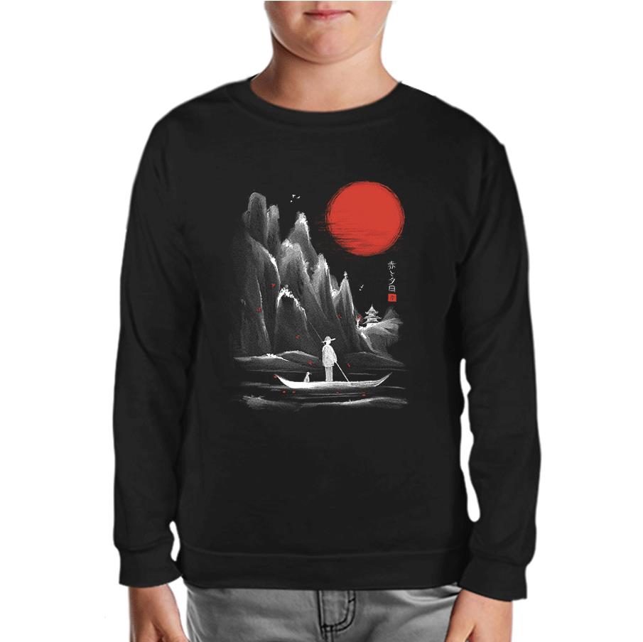 Man on the Boat in Japanese Landscape Black Kids Sweatshirt