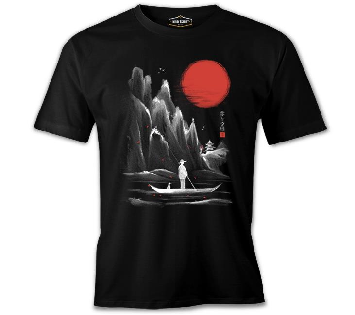 Man on the Boat in Japanese Landscape Black Men's Tshirt