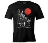 Man on the Boat in Japanese Landscape Siyah Erkek Tshirt