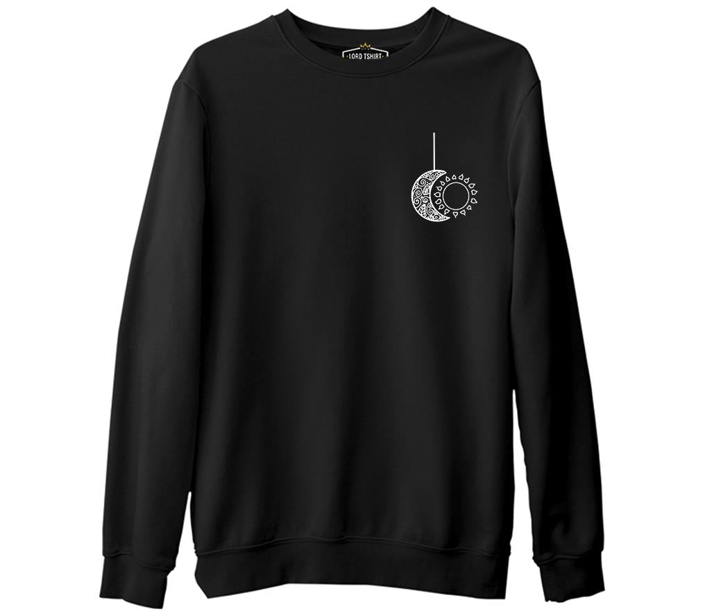 Mandala - Ay ve Güneş Siyah Erkek Kalın Sweatshirt