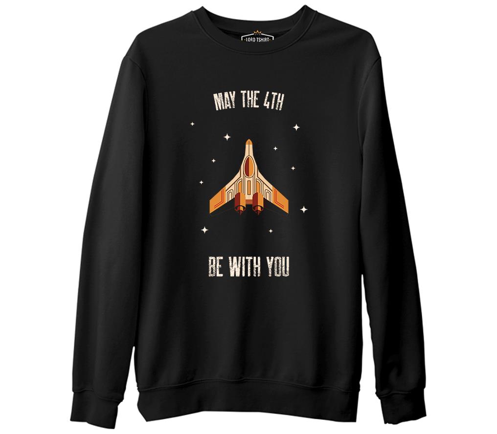 May the Fourth Spaceship and Stars Siyah Erkek Kalın Sweatshirt