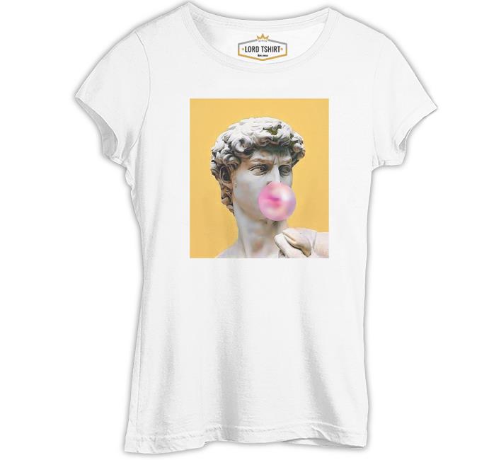 Michelangelo - David Behind Bubble Gum Beyaz Kadın Tshirt