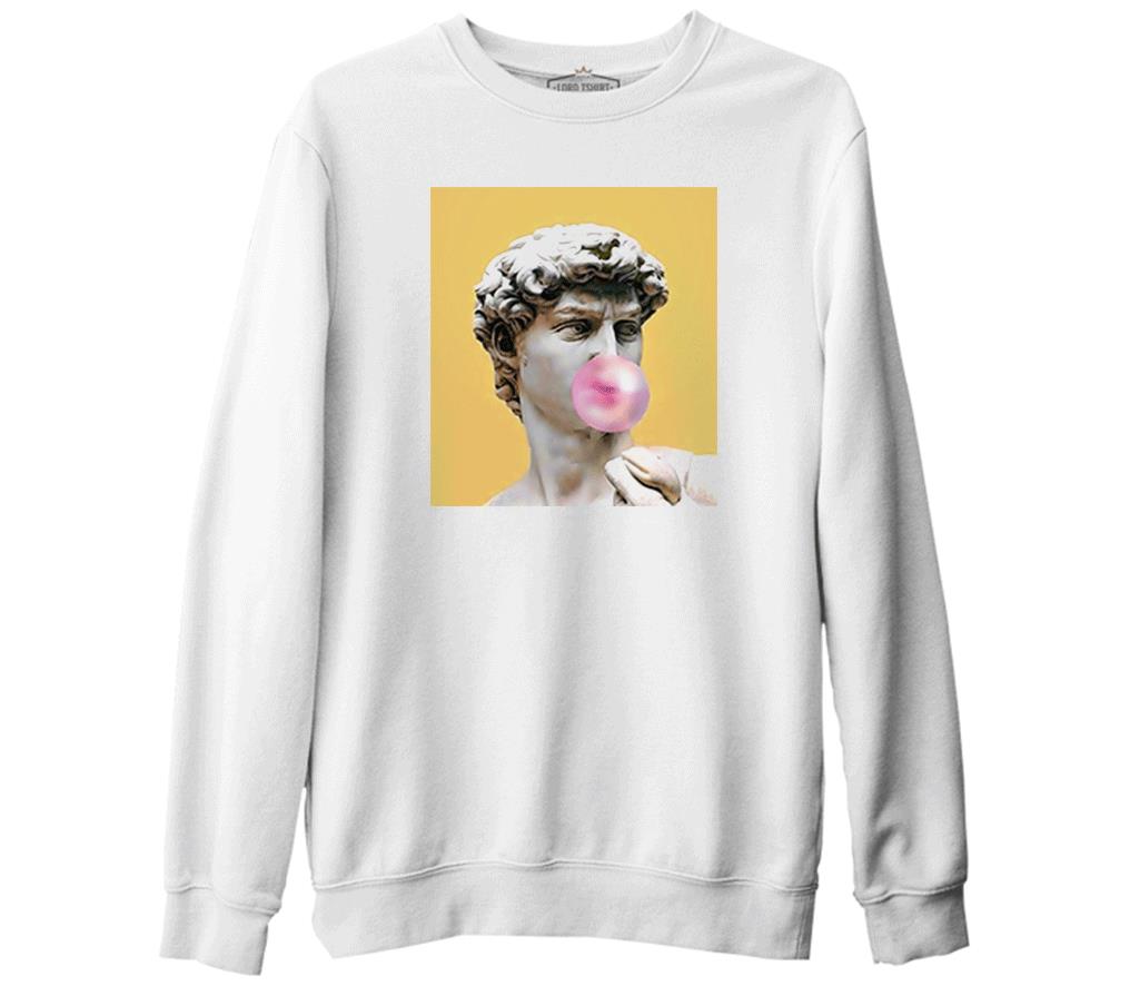 Michelangelo - David Behind Bubble Gum Beyaz Erkek Kalın Sweatshirt