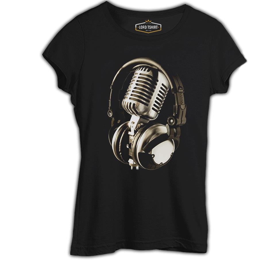 Microphone & Headphone Siyah Kadın Tshirt