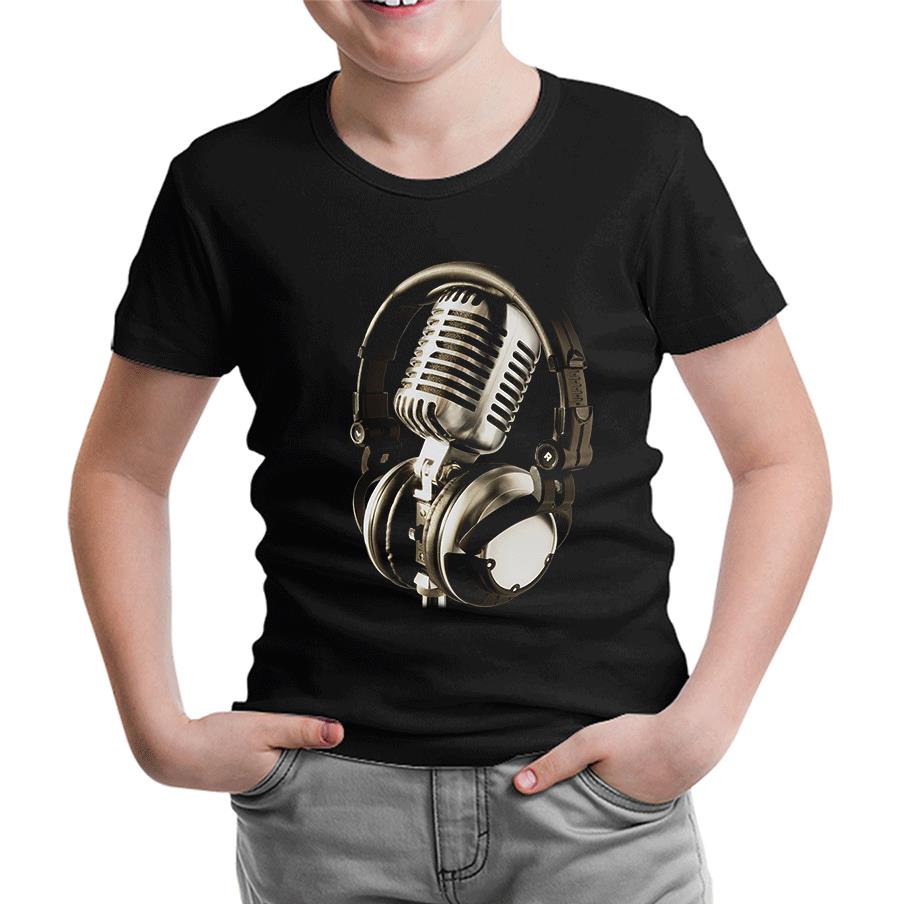 Microphone & Headphone Siyah Çocuk Tshirt