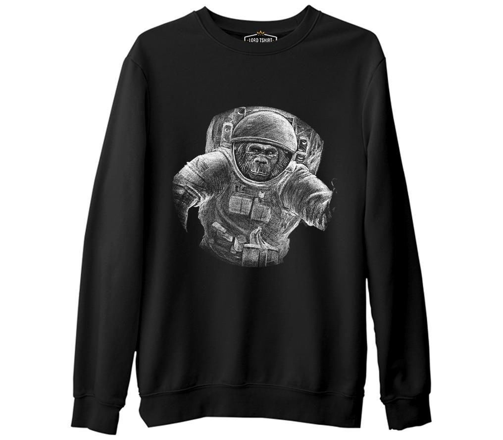 Monkey Astronaut Realistic Siyah Erkek Kalın Sweatshirt