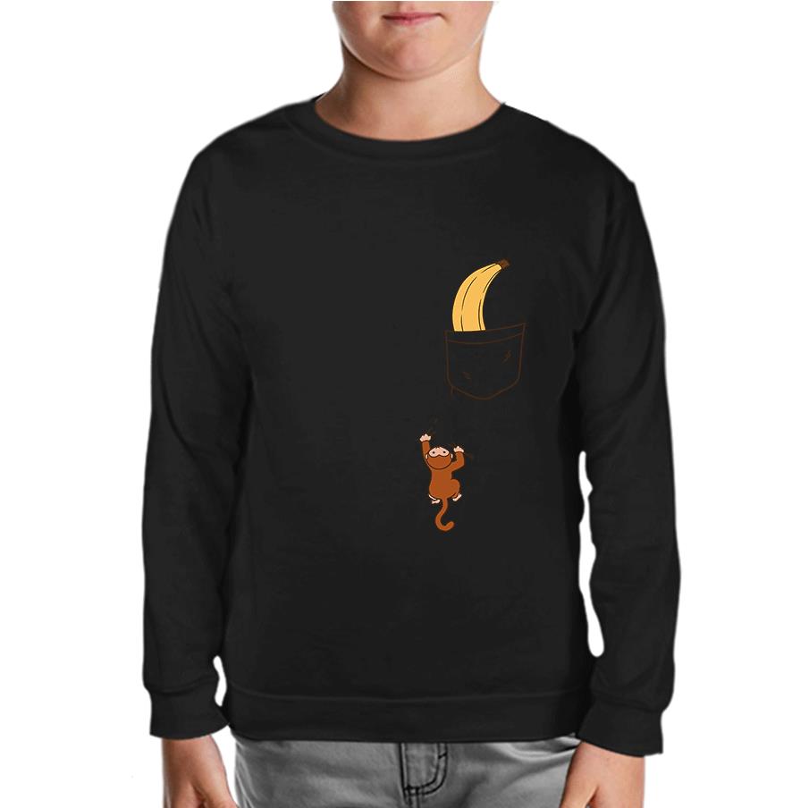 Monkey Climbing for Banana in the Pocket Black Kids Sweatshirt