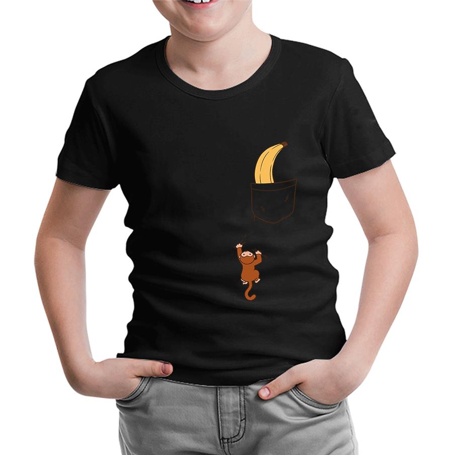 Monkey Climbing for Banana in the Pocket Siyah Çocuk Tshirt