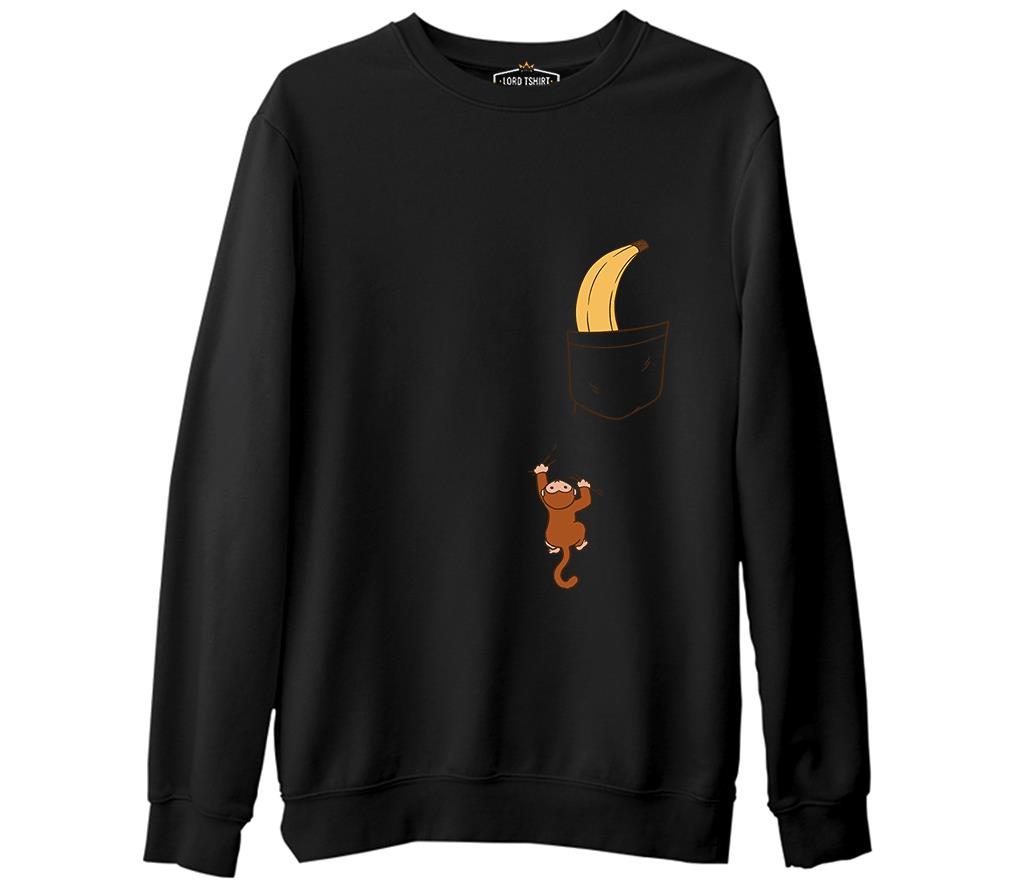 Monkey Climbing for Banana in the Pocket Siyah Erkek Kalın Sweatshirt