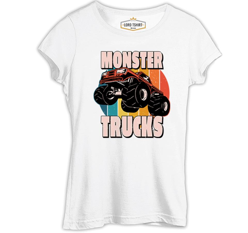 Monster Trucks Circle Sunset Background Beyaz Kadın Tshirt