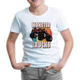 Monster Trucks Circle Sunset Background White Kids Tshirt