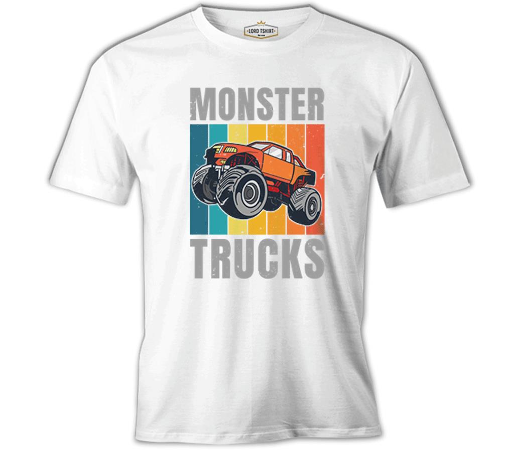 Monster Trucks wit Retro Background Beyaz Erkek Tshirt
