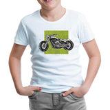 Motorcycle on a Green Background White Kids Tshirt