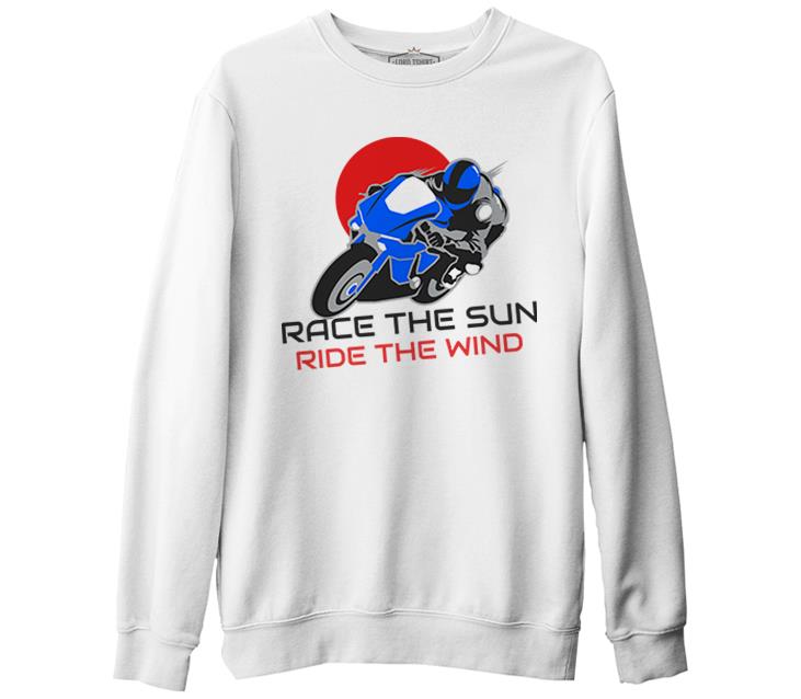 Motorcycle Race the Sun Beyaz Erkek Kalın Sweatshirt