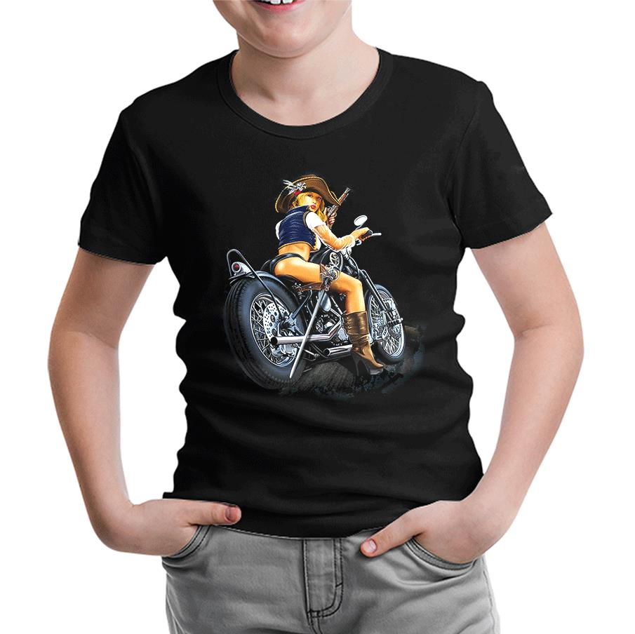 Motosiklet - Biker Girl Siyah Çocuk Tshirt