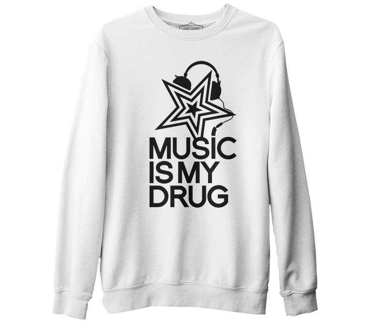 Music is My Drug - Yıldız Beyaz Erkek Kalın Sweatshirt