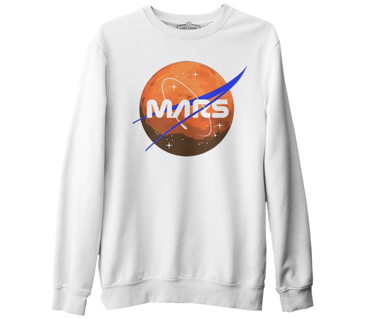 Nasa Mars Logo Beyaz Erkek Kalın Sweatshirt