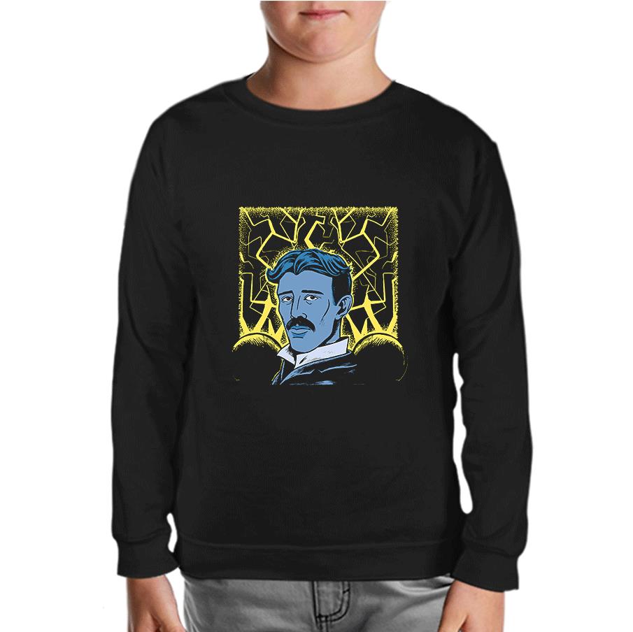 Nicola Tesla with an Electric Background Black Kids Sweatshirt