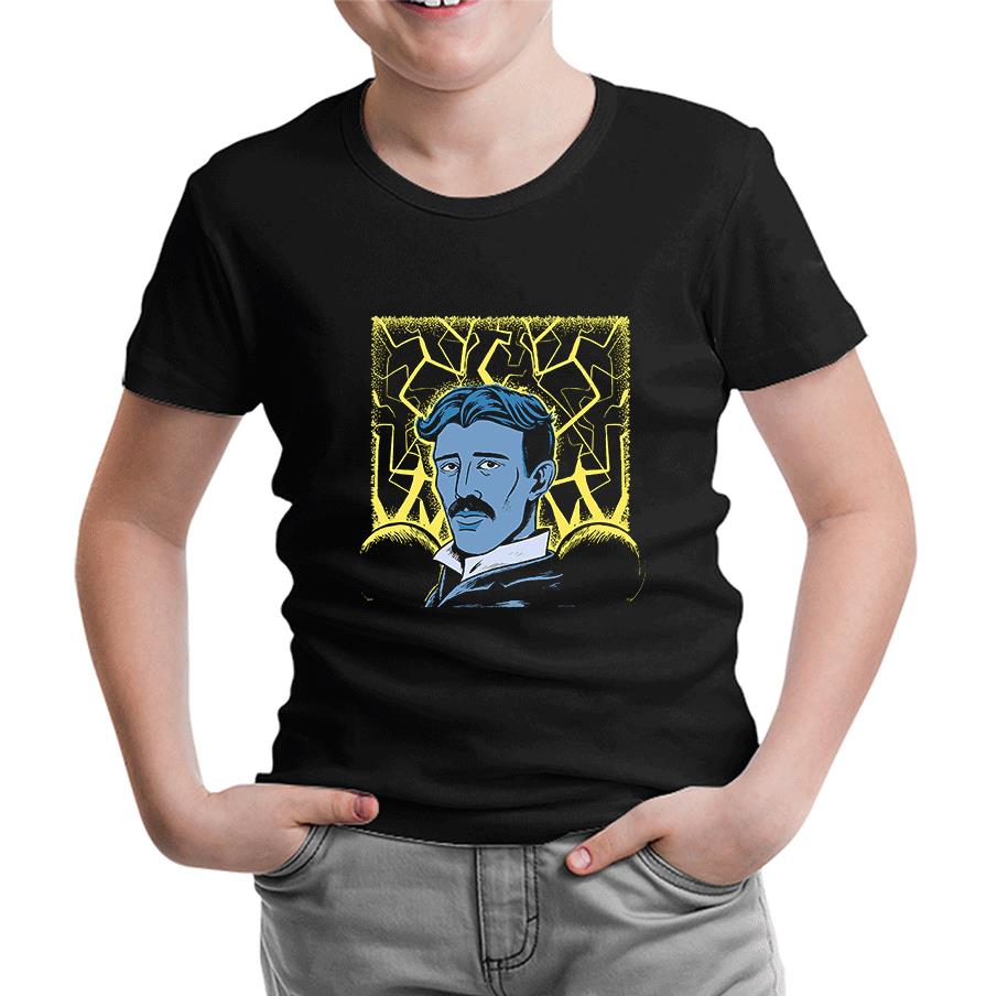 Nicola Tesla with an Electric Bacground Siyah Çocuk Tshirt