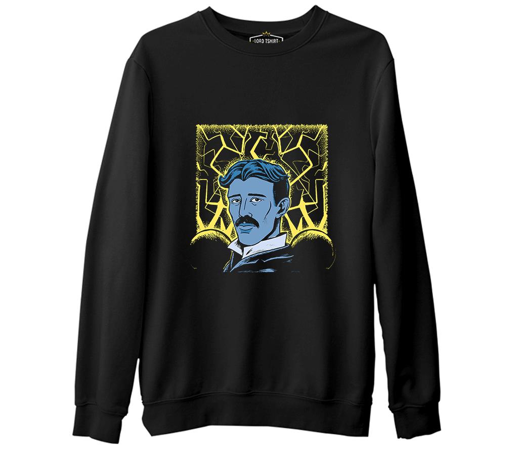 Nicola Tesla with an Electric Bacground Siyah Erkek Kalın Sweatshirt