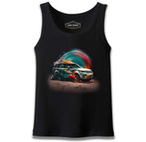 Offroad Car with Colorful Dust Background Black Male Athlete
