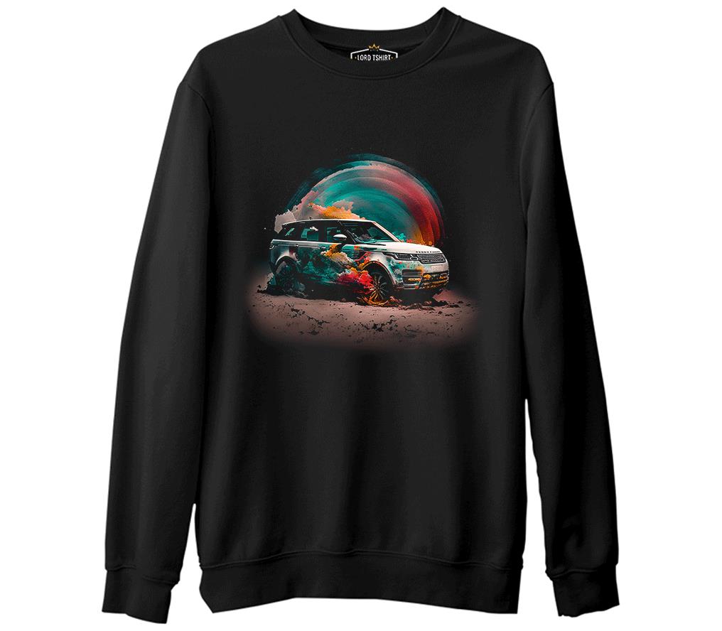 Offroad Car with Colorful Dust Background Siyah Erkek Kalın Sweatshirt