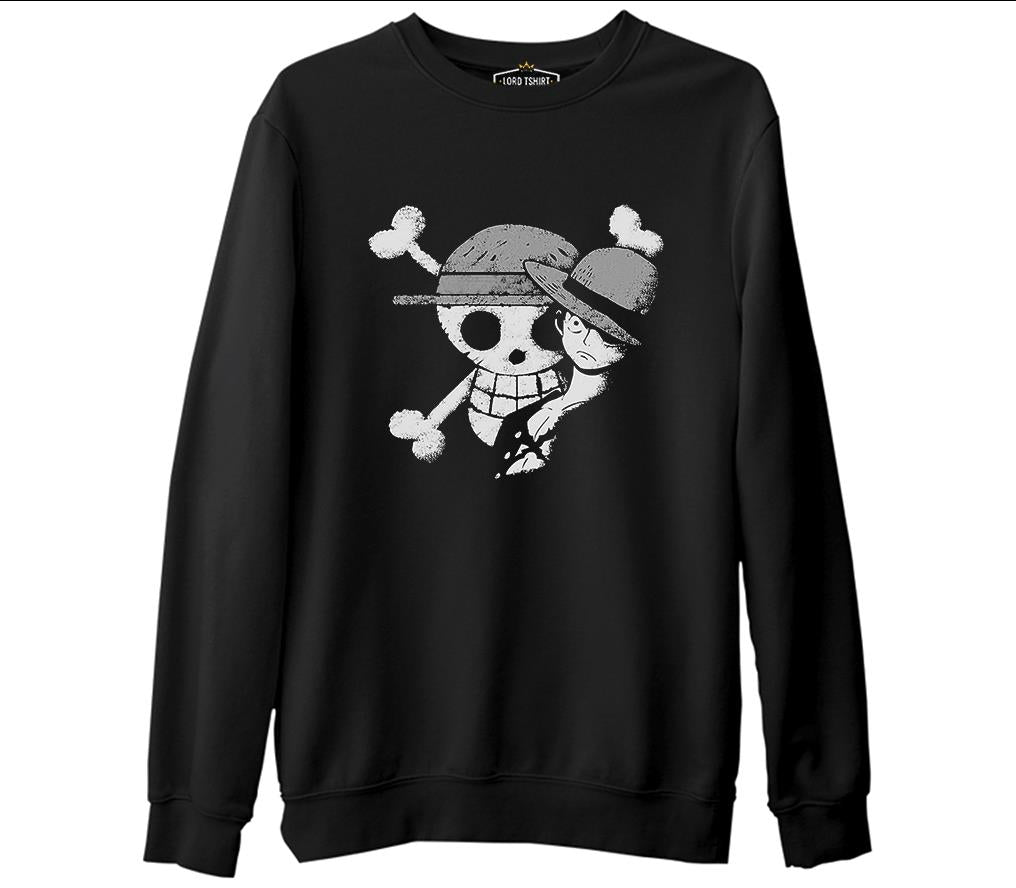 One Piece - Luffy Straw Hat 4  Siyah Erkek Kalın Sweatshirt