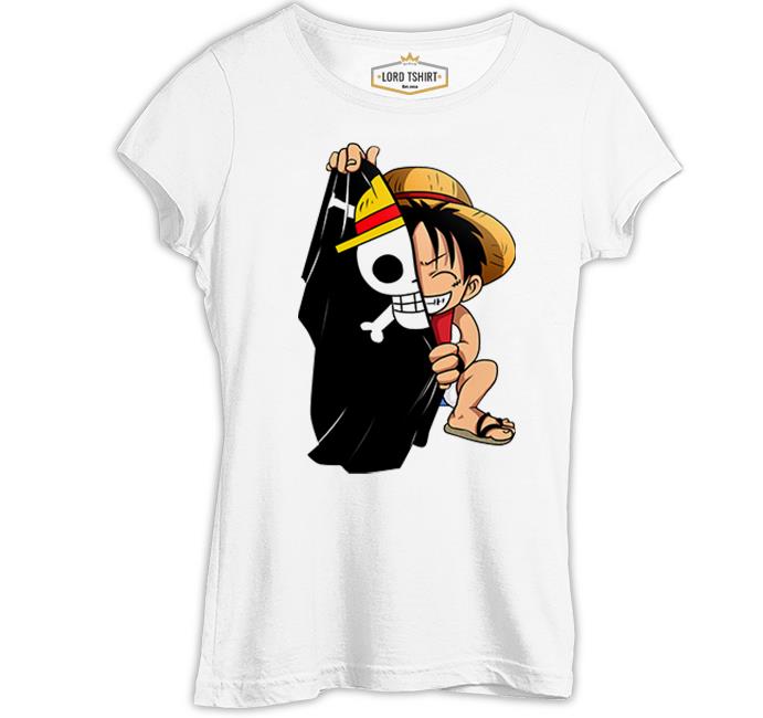 One Piece Luffy with a Half Flag Beyaz Kadın Tshirt