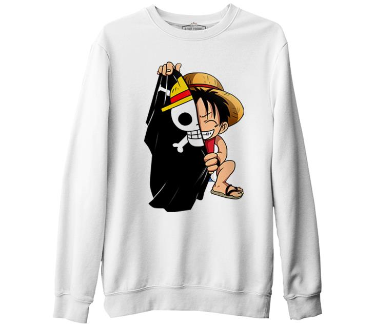 One Piece Luffy with a Half Flag Beyaz Erkek Kalın Sweatshirt