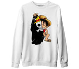 One Piece Luffy with a Half Flag Beyaz Erkek Kalın Sweatshirt
