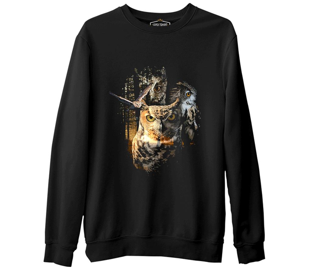 Owls at Night Siyah Erkek Kalın Sweatshirt