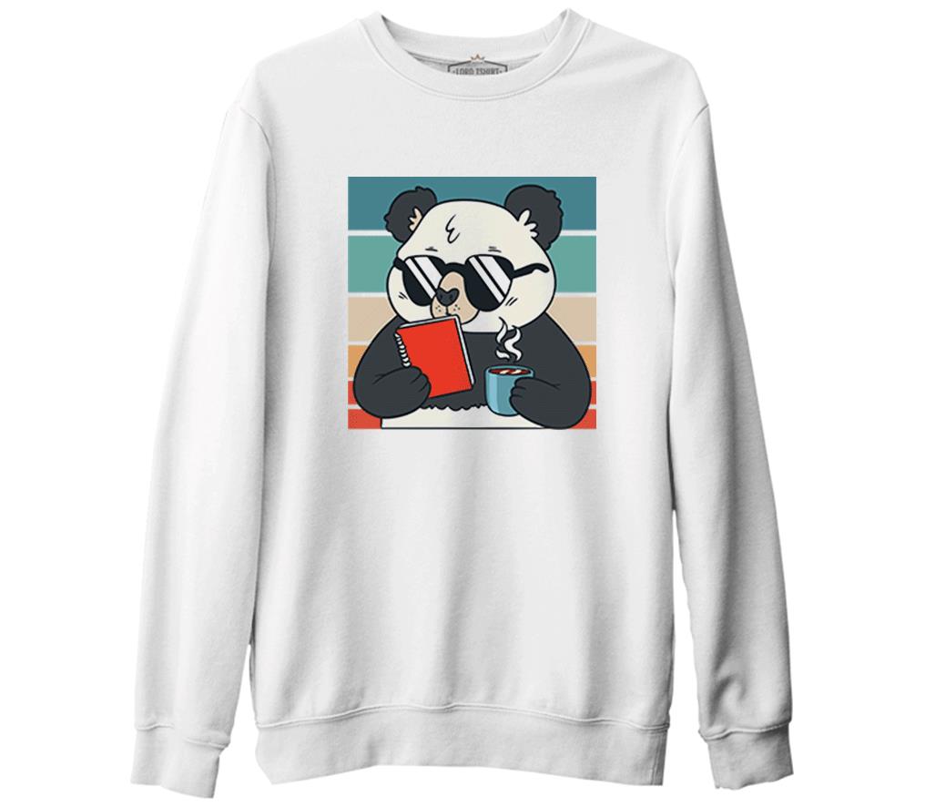 Panda with Sunglasses Reading a Book White Men's Thick Sweatshirt