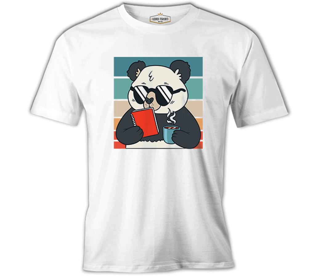 Panda with Sunglasses Reading a Book Beyaz Erkek Tshirt