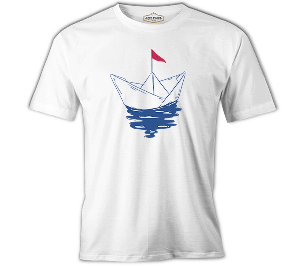 Paper Boat with a Red Flag Beyaz Erkek Tshirt