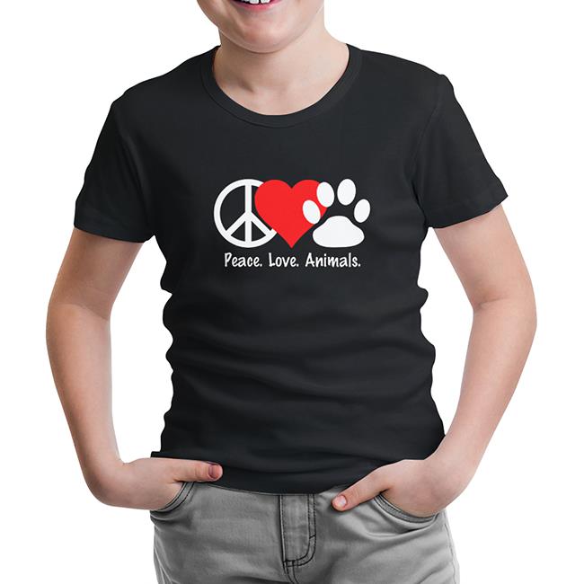 Peace Love Animals Siyah Çocuk Tshirt
