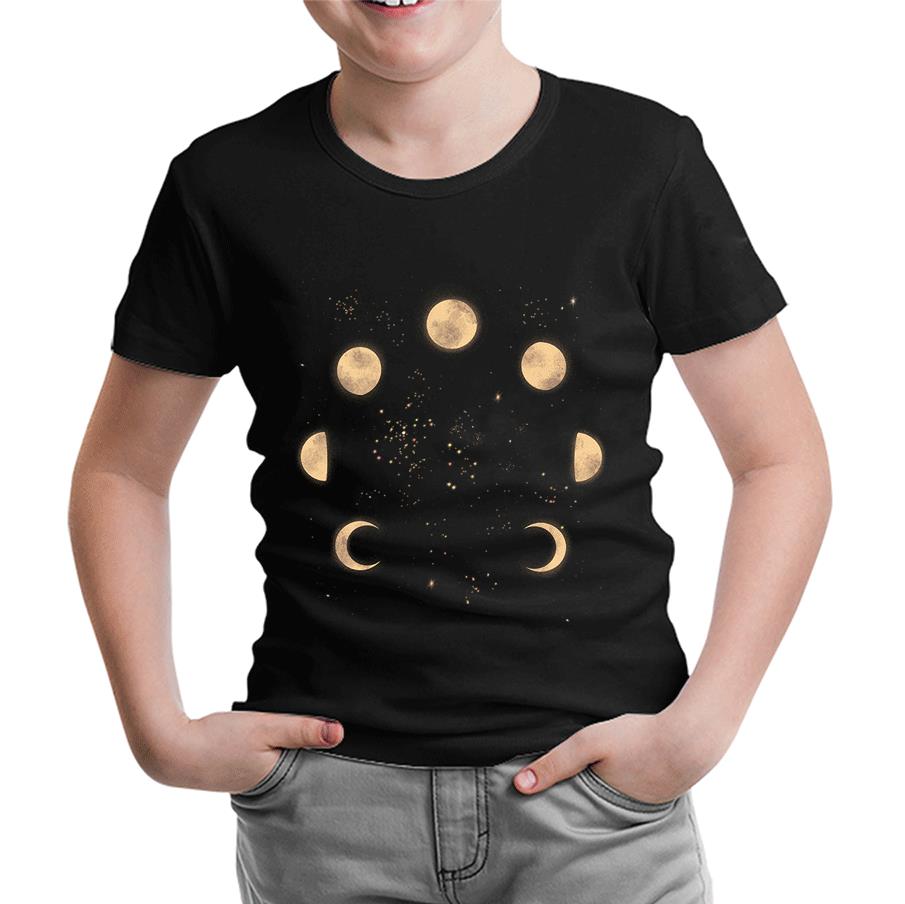 Phases of the Golden Moon in Space Siyah Çocuk Tshirt