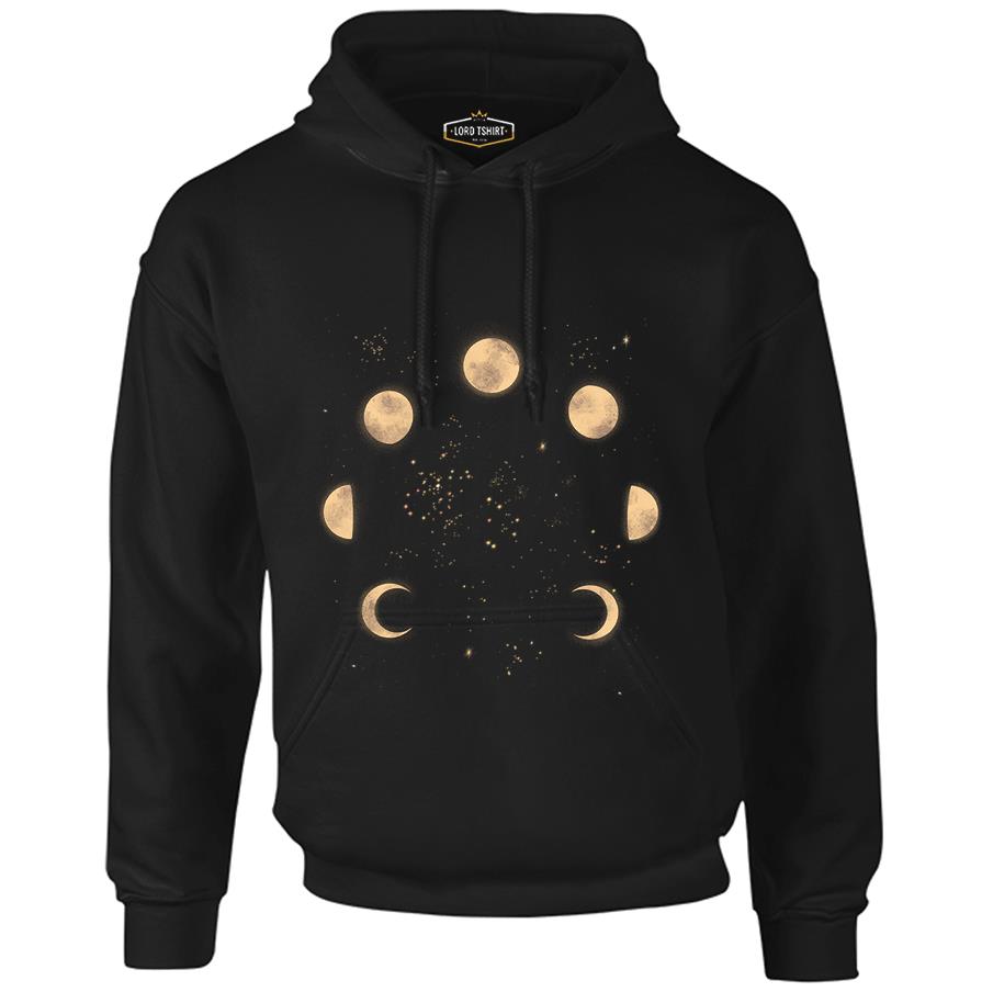 Phases of the Golden Moon in Space Black Men's Zipperless Hoodie