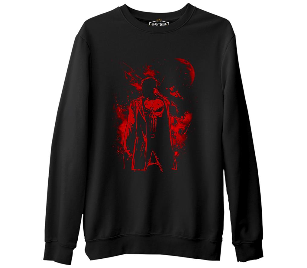 Punisher Red Moon Siyah Erkek Kalın Sweatshirt