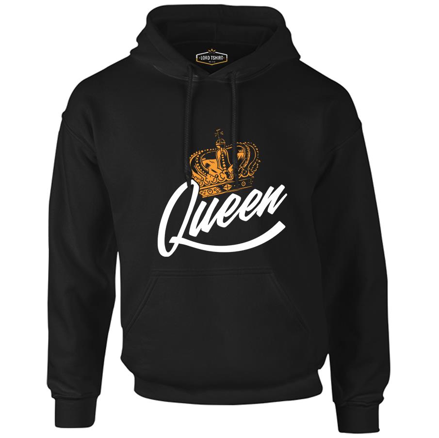 Queen Logo with a Crown Siyah Erkek Fermuarsız Kapşonlu