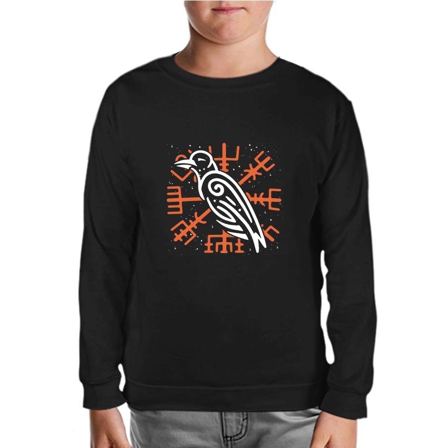 Raven Bird and Viking Sign Background Black Kids Sweatshirt
