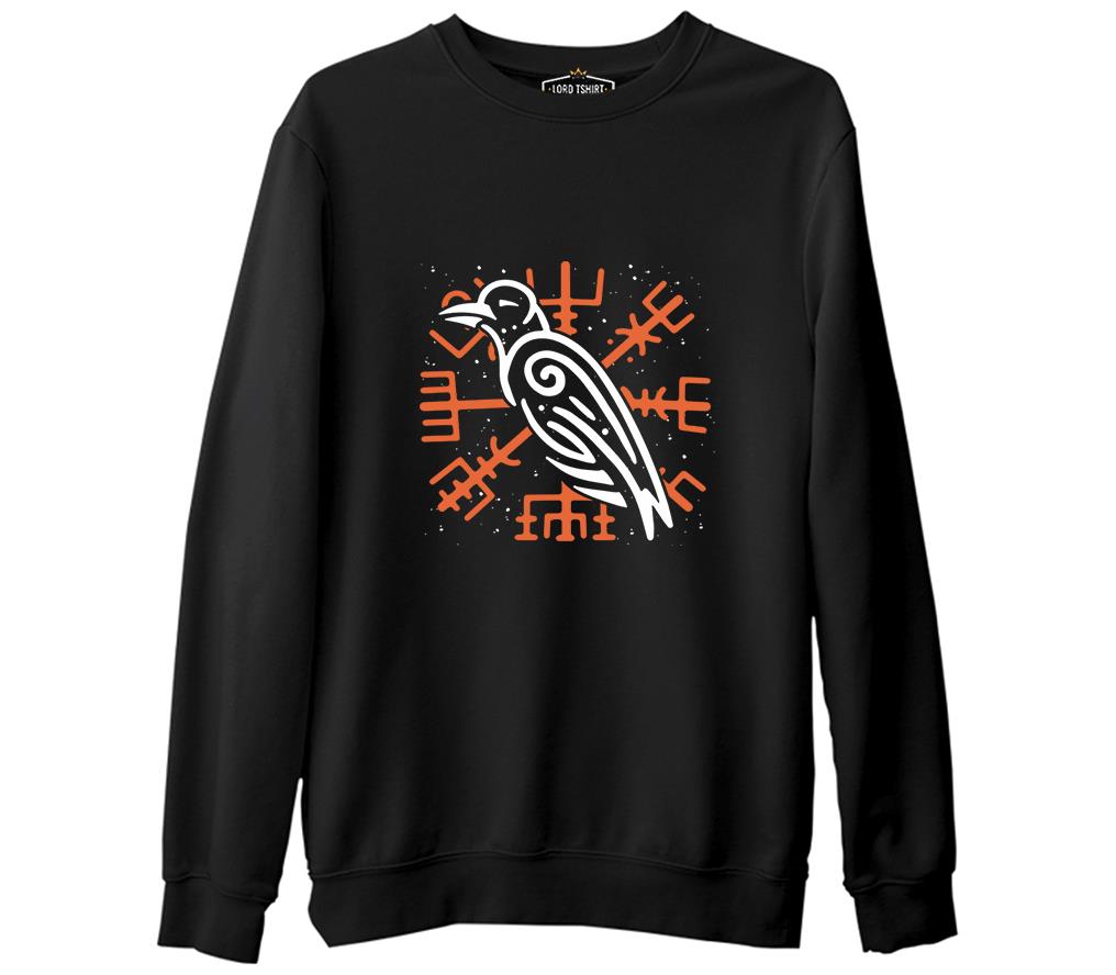 Raven Bird and Viking Sign Background Siyah Erkek Kalın Sweatshirt