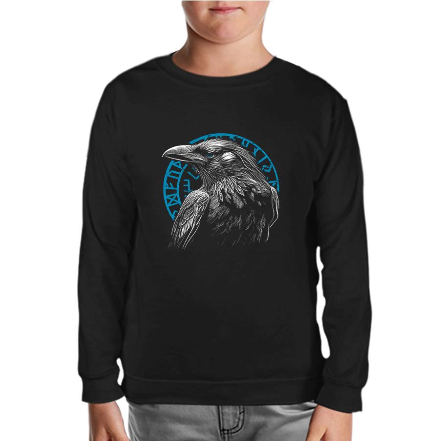 Raven Bird in Front of a Viking Rune Black Kids Sweatshirt
