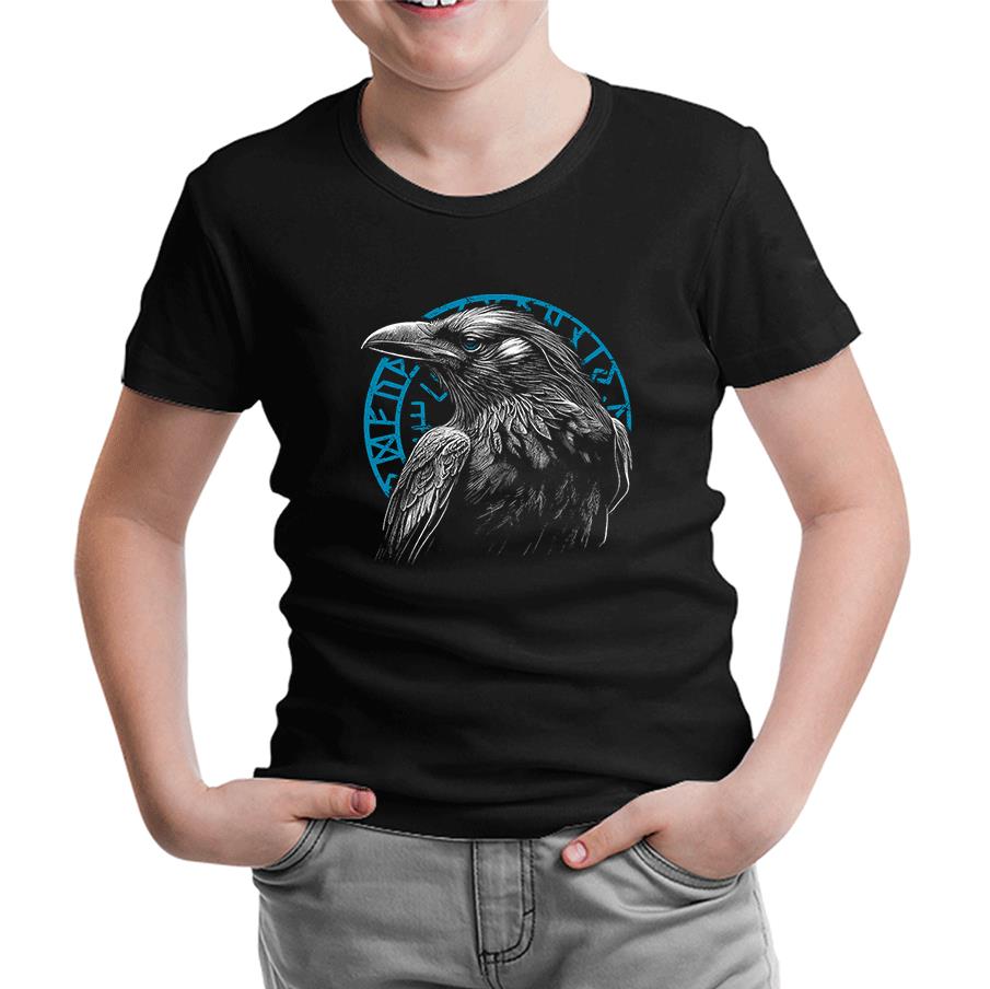 Raven Bird in Front of a Viking Rune Siyah Çocuk Tshirt