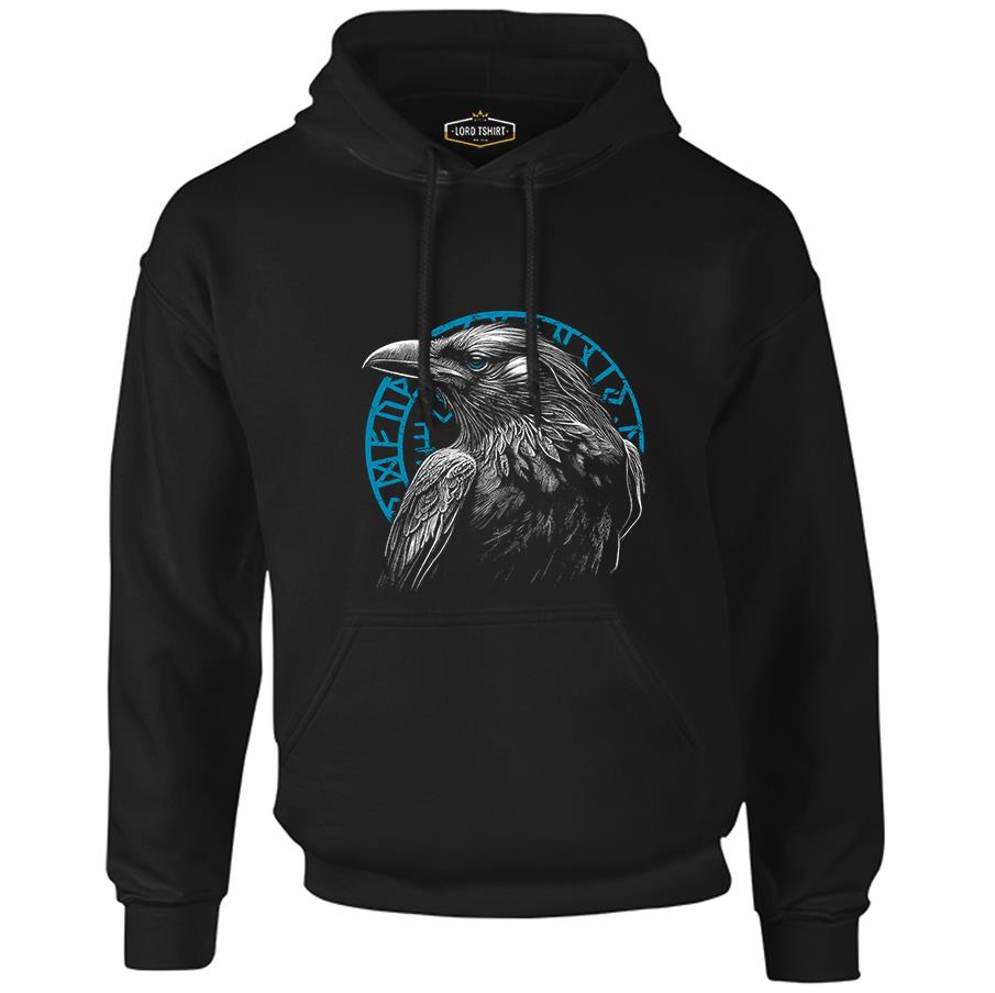 Raven Bird in Front of a Viking Rune Siyah Erkek Fermuarsız Kapşonlu