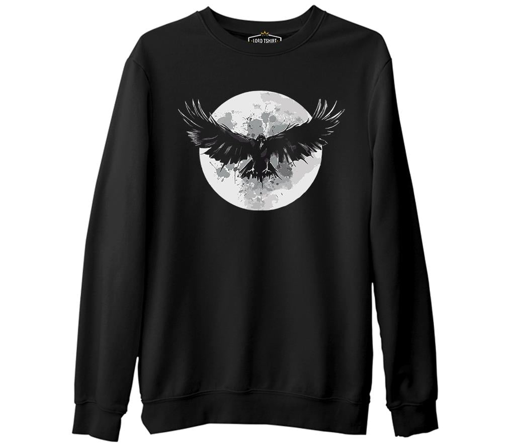 Raven Bird Wings and Moon Siyah Erkek Kalın Sweatshirt