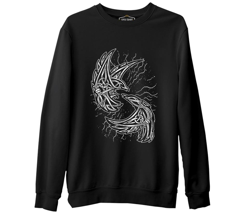 Raven Birds with Viking Knots Siyah Erkek Kalın Sweatshirt