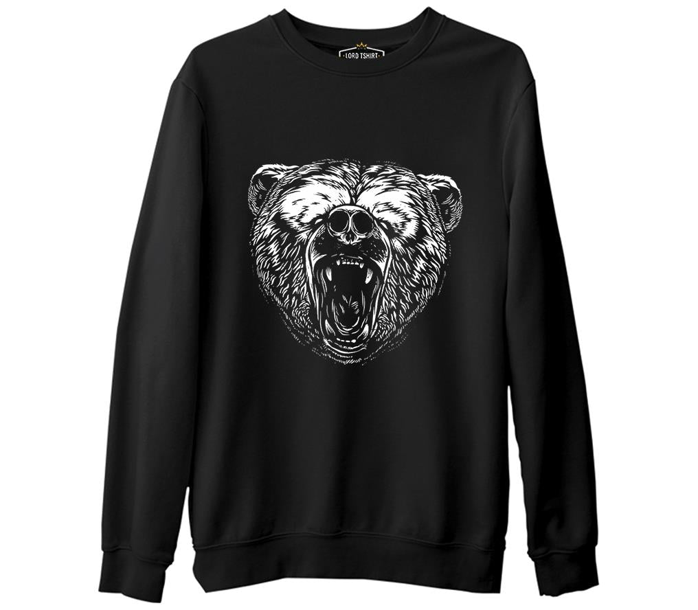 Realistic Wild Bear Roaring Siyah Erkek Kalın Sweatshirt