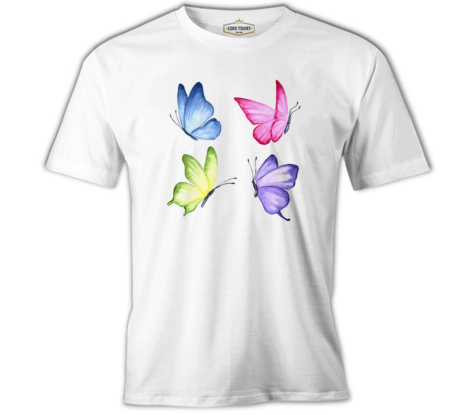 Renkli Kelebekler Beyaz Erkek Tshirt